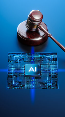 Artificial Intelligence AI and Legal Systems: Judges Gavel Hammer as a Symbol of Law and Order with Processor CPU AI Chipの写真素材