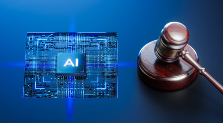 Artificial Intelligence AI and Legal Systems: Judges Gavel Hammer as a Symbol of Law and Order with...