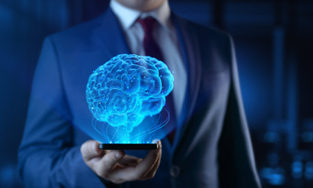 Businessman Holding Smartphone Phone with Human Brain Hologram - Futuristic Concept of Intelligence,...