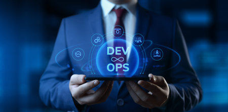 Businessman holding smartphone with Dev Ops Development Operations icons on screen