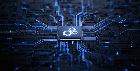 Automation and Optimization Processes with Gears on Futuristic Circuit Board