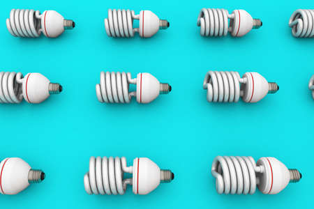 3D Illustration CFL Compact fluorescent lamp pattern on light blue surface.