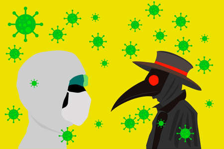 Black plague doctor and modern era doctor in a biosafety suit surrounded by viruses.