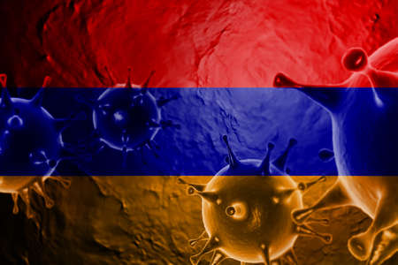 3D ILLUSTRATION VIRUS WITH Armenia FLAG, CORONAVIRUS, Flu coronavirus floating, micro view, pandemic virus infection, asian flu.の写真素材