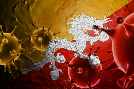 3D ILLUSTRATION VIRUS WITH Bhutan FLAG, CORONAVIRUS, Flu coronavirus floating, micro view, pandemic virus infection, asian flu.の写真素材