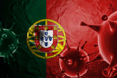 3D ILLUSTRATION VIRUS WITH Portugal FLAG, CORONAVIRUS, Flu coronavirus floating, micro view, pandemic virus infection, asian flu.の写真素材