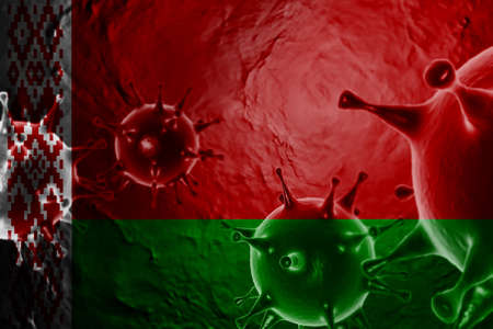 3D ILLUSTRATION VIRUS WITH Belarus FLAG, CORONAVIRUS, Flu coronavirus floating, micro view, pandemic virus infection, asian flu.の写真素材