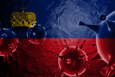 3D ILLUSTRATION VIRUS WITH Liechtenstein FLAG, CORONAVIRUS, Flu coronavirus floating, micro view, pandemic virus infection, asian flu.の写真素材