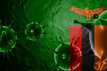 3D ILLUSTRATION VIRUS WITH Zambia FLAG, CORONAVIRUS, Flu coronavirus floating, micro view, pandemic virus infection, asian flu.の写真素材