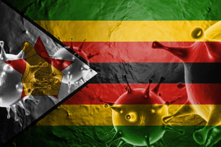 3D ILLUSTRATION VIRUS WITH Zimbabwe FLAG, CORONAVIRUS, Flu coronavirus floating, micro view, pandemic virus infection, asian flu.の写真素材