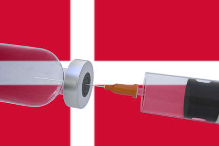3D Illustration vaccine container bottle accompanied by a syringe with Denmark flag covid19 covid-19 coronavirus.の写真素材