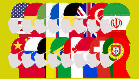 Human head silhouettes using a mouth face masks or mouth cover with diferents countries flag