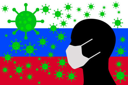 Human using a Mouth Face Masks or Mouth Cover ro surrounded wiht virus with Russia flagのイラスト素材