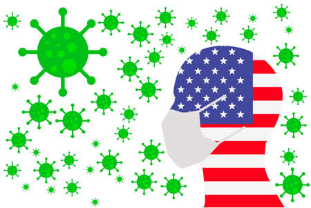Human using a Mouth Face Masks or  Mouth Cover ro surrounded wiht virus with United States of America flag USAのイラスト素材