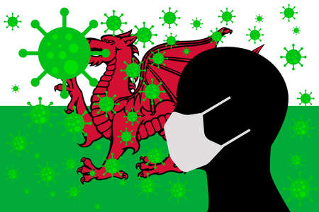 Human using a Mouth Face Masks or  Mouth Cover ro surrounded wiht virus with WALES flagのイラスト素材