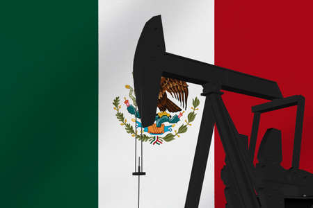 Nice pumpjack oil extraction with Mexico flag 3d render.