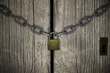 3D Render Conceptual composition on lockdown, Old aged wooden door padlocked with rusty chains.の写真素材