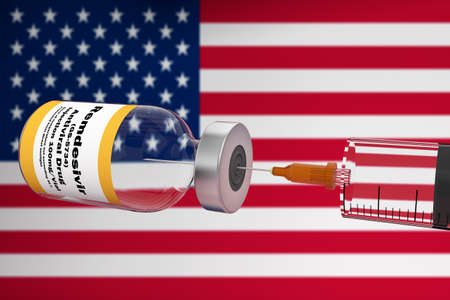 Syringe and a container bottle antiviral drug Remdesivir GS-5734 A Anti-Viral in the treatment of coronavirus disease 2019 COVID-19 with United States of America flag 3D RENDER.の写真素材