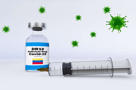 Syringe and a container bottle antiviral drug DR10 Anti-Viral Antibody Cocktail  in the treatment of coronavirus disease 2019 COVID-19 with floating virus 3D RENDER Venezuela Ivic.の写真素材