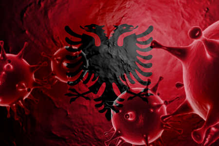 VIRUS WITH Albania FLAG, CORONAVIRUS, Flu coronavirus floating, micro view, pandemic virus infection, asian flu, covid, covid19, covid-19.の写真素材