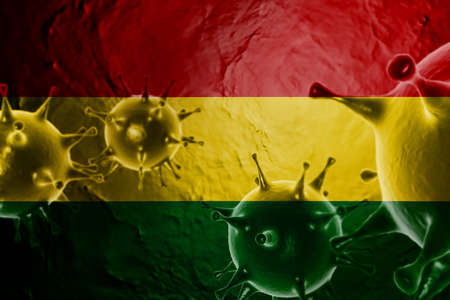 VIRUS WITH Bolivia FLAG, CORONAVIRUS, Flu coronavirus floating, micro view, pandemic virus infection, asian flu, covid, covid19, covid-19 3D RENDER.の写真素材