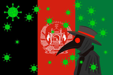 Black plague doctor surrounded by viruses with copy space with AFGHANISTAN flag.のイラスト素材