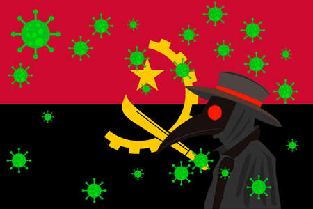 Black plague doctor surrounded by viruses with copy space with ANGOLA flag.のイラスト素材
