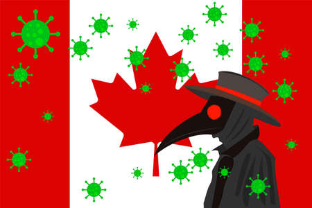 Black plague doctor surrounded by viruses with copy space with CANADA flag.のイラスト素材