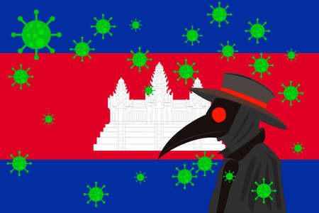 Black plague doctor surrounded by viruses with copy space with CAMBODIA flag.のイラスト素材