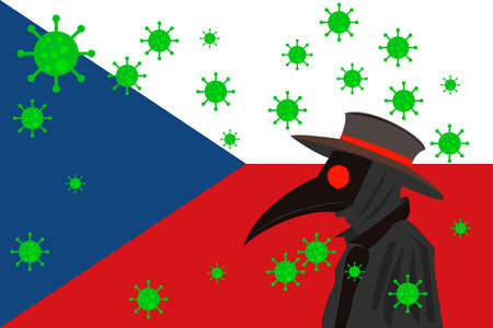 Black plague doctor surrounded by viruses with copy space with CZECH REPUBLIC flag.のイラスト素材