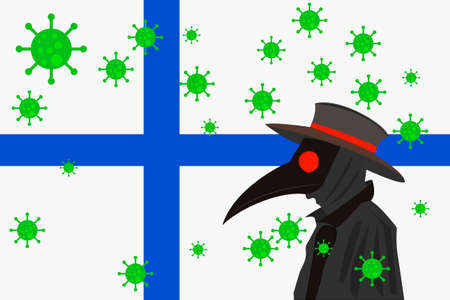 Black plague doctor surrounded by viruses with copy space with FINLAND flag.のイラスト素材