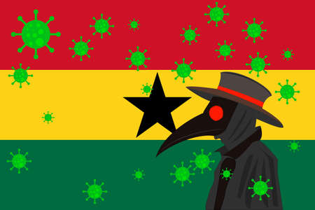 Black plague doctor surrounded by viruses with copy space with GHANA flag.のイラスト素材