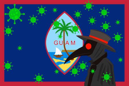 Black plague doctor surrounded by viruses with copy space with GUAM flag.のイラスト素材