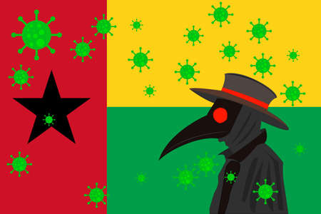 Black plague doctor surrounded by viruses with copy space with GUINEA BISSAU flag.のイラスト素材