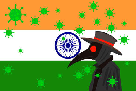 Black plague doctor surrounded by viruses with copy space with INDIA flag.のイラスト素材