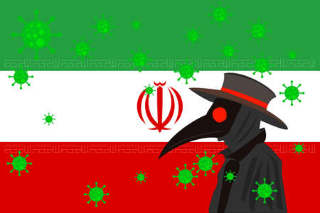 Black plague doctor surrounded by viruses with copy space with IRAN flag.のイラスト素材