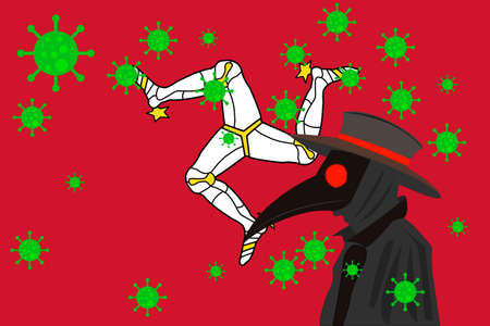 Black plague doctor surrounded by viruses with copy space with ISLE OF MAN flag.のイラスト素材