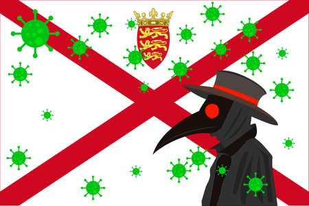 Black plague doctor surrounded by viruses with copy space with JERSEY flag.のイラスト素材