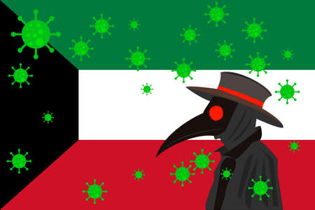 Black plague doctor surrounded by viruses with copy space with KUWAIT flag.のイラスト素材