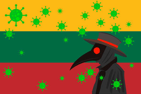 Black plague doctor surrounded by viruses with copy space with LITUANIA flag.のイラスト素材