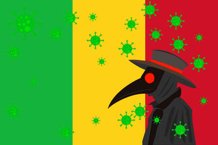 Black plague doctor surrounded by viruses with copy space with MALI flag.のイラスト素材