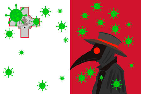 Black plague doctor surrounded by viruses with copy space with MALTA flag.のイラスト素材