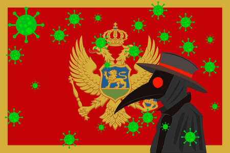 Black plague doctor surrounded by viruses with copy space with MONTENEGRO flag.のイラスト素材