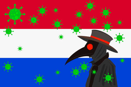Black plague doctor surrounded by viruses with copy space with NETHERLANDS flag.のイラスト素材