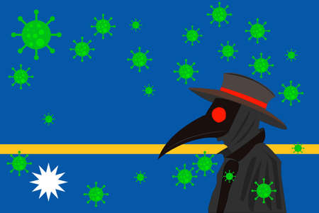 Black plague doctor surrounded by viruses with copy space with NAURU flag.のイラスト素材