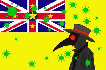 Black plague doctor surrounded by viruses with copy space with NIUE flag.のイラスト素材