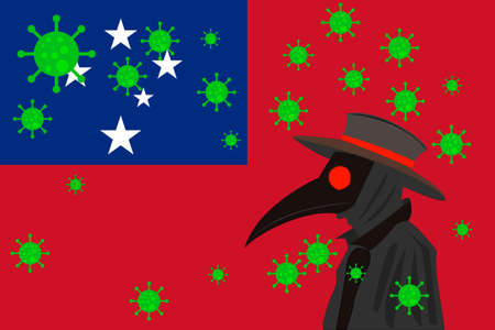 Black plague doctor surrounded by viruses with copy space with SAMOA flag.のイラスト素材