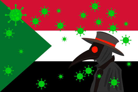 Black plague doctor surrounded by viruses with copy space with Sudan flag.のイラスト素材