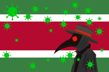 Black plague doctor surrounded by viruses with copy space with Suriname flag.のイラスト素材