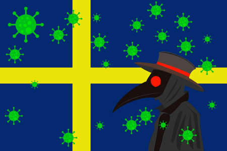 Black plague doctor surrounded by viruses with copy space with Sweden flag.のイラスト素材
